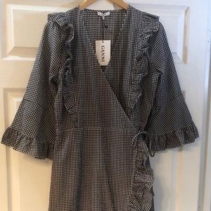 NEW GANNI GINGHAM CHECK WRAP DRESS FR40